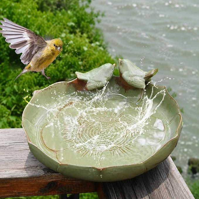 Ceramic Bird Bath Bowl for Outside on Ground, 9.45-Inch BirdBath Bowl Only, Ground Bird Feeders and birdbath for Outdoors, Garden, Tabletop, Deck, Balcony and Lawn