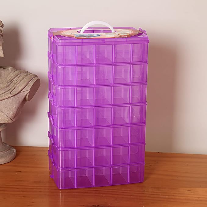 Sooyee 7 Layers Stackable Storage Container, 70 Adjustable Compartments Stackable Storage Container for Kids Toys, Art Crafts, Jewelry, Supplies, Mini Case & Letter Sticker Included,Clear,Purple