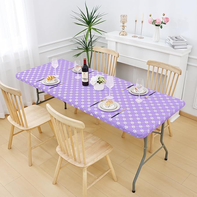 misaya Rectangle Vinyl Table Cloth, Elastic Fitted Tablecloth with Flannel Backing, Waterproof Plastic Table Cover Fits 6 Foot Folding Tables for Picnic, Camping and Outdoor (Lavender, 30" x 72")