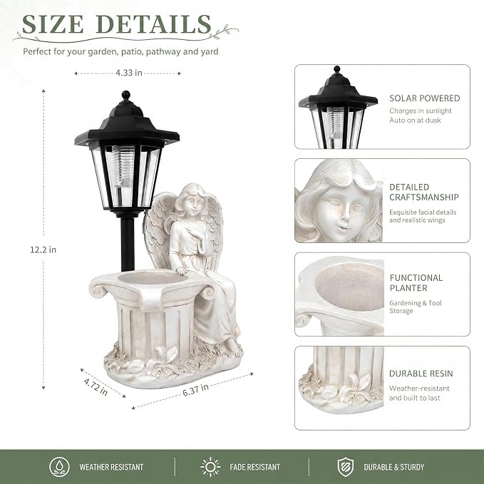 Solar Angel Outdoor Statues, Garden Sculptures with Lantern & Flower Pot, Angel Figurines for Yard Lawn Porch Patio Balcony Decor- Gifts for Women Mom Grandma