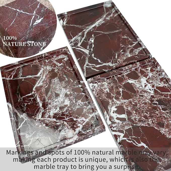 Real Luxurious Natural Marble Vanity Tray Genuine Marble Storage Tray for Home Decor Stone Tray for Bathroom/Kitchen/Vanity/Dresser,Plate Holder for Tissues, Candles, Towel