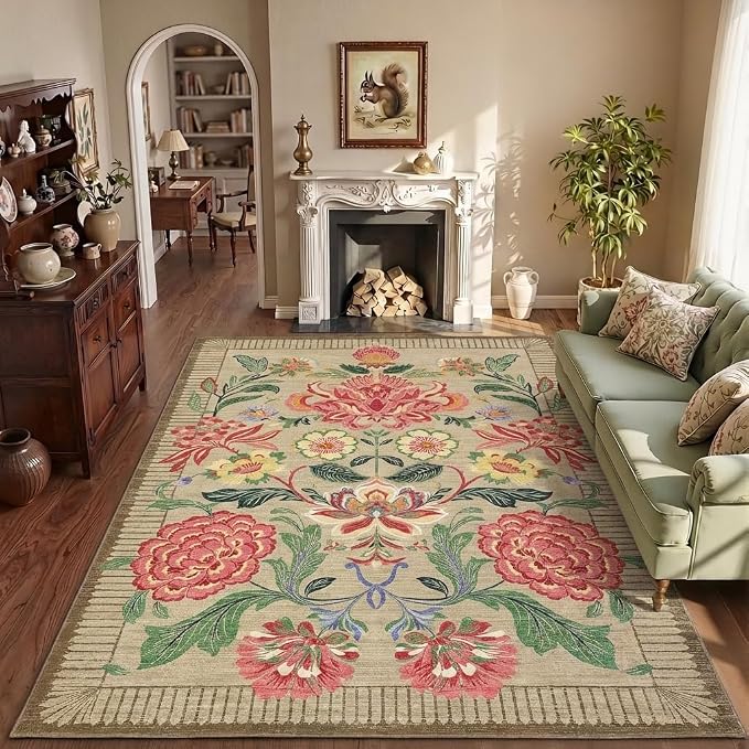 GarveeHome Floral Botanical Washable Rugs 5x7 Area Rug for Living Room, Camel Taupe Brown Vintage Boho Cottage Throw Rugs Low Pile Carpet for Bedroom Dining Nursery Rug