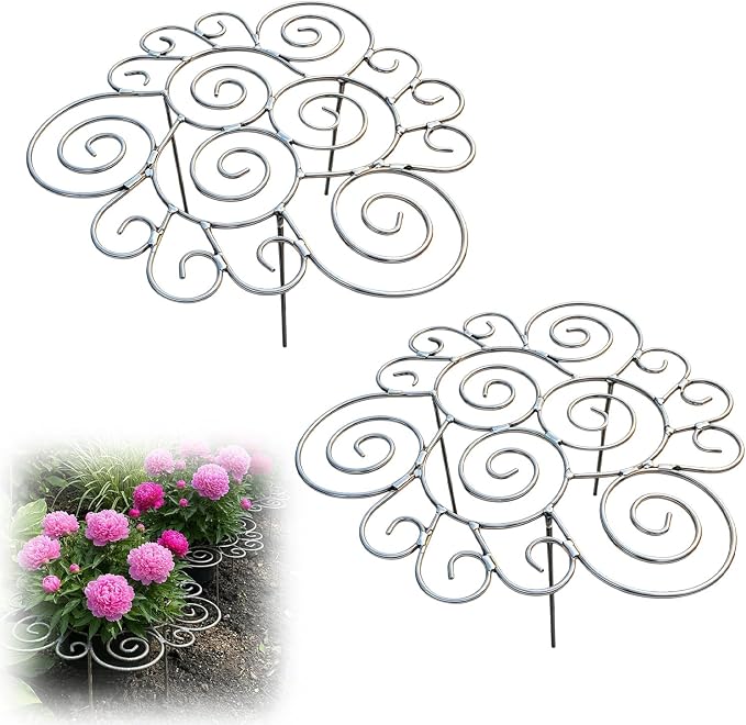Peony Cages and Supports Support Rings Metal Garden Plant Support Cage Decorative Grow Through Flower Hoops for Peonies Dahlias Roses Hydrangeas Outdoor Plants (Silver,L - 2pcs)