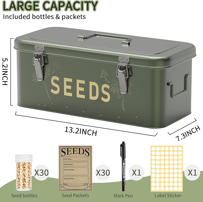 Orionstar Metal Seed Storage Organizer Kit with 30 Bottles & Envelopes, 4 Compartment Locking Box for Gardening Heirloom Flower Vegetable Preservation, Vintage Dark Green Gardener Gift