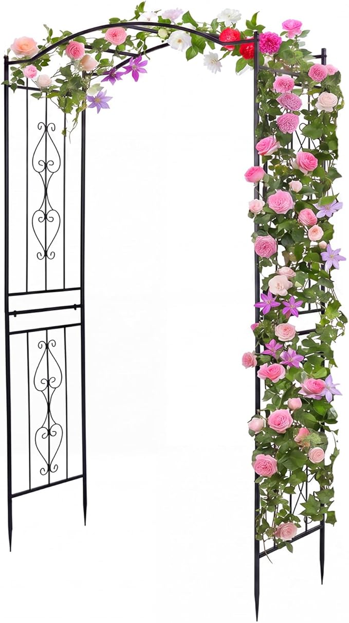 Giantex Metal Garden Arbor, 7.5 FT Heavy Duty Arch Trellis for Climbing Plants, Decorative Outdoor Garden Archway with Pointed Legs, Wedding Arbor for Party, Backyard, Lawn, Ceremony Decoration