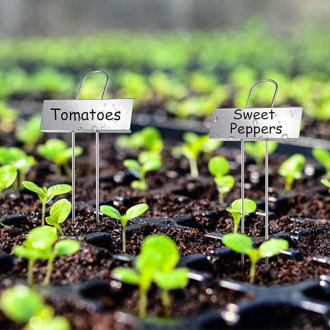 50 Pack Metal Plant Labels with 2 Pens - 10.6" Weatherproof Garden Markers, Reusable Nursery Tags for Vegetables Herbs Flowers Seedlings, Silver