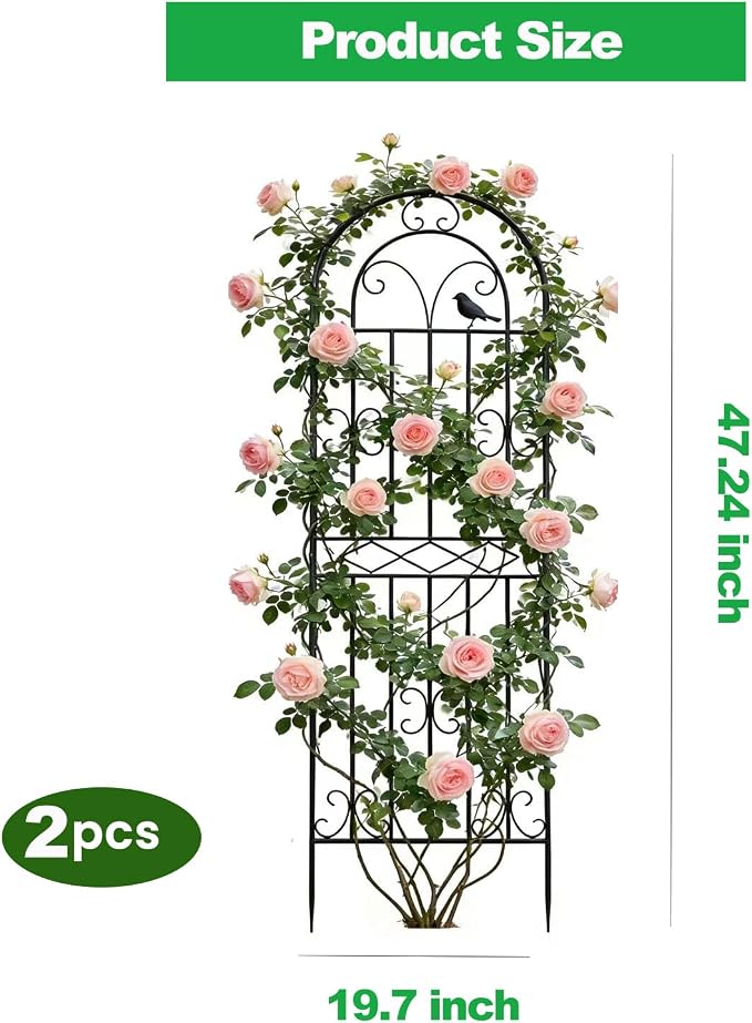 2 Pack 47.2"x19.7" Metal Gardon Trellis for Climbing Plants Flowers Outdoor, Rustproof, Heavy Duty, Black Coating Plant Support for Rose, Vines, Flowers, Perfect for Training Climbing Plants, Black