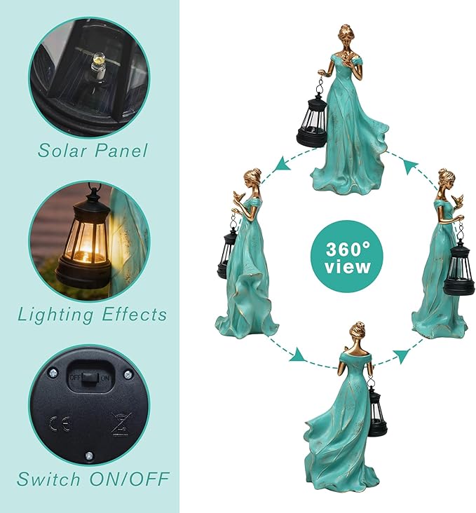Solar Garden Statue Outdoor - Fairy Angel Statue Holding a Lantern, Waterproof Resin Vintage Green Girl Decoration for Yard Lawn for Woman Mom Grandma