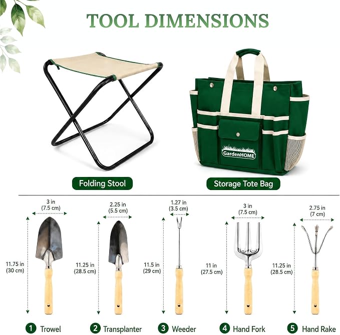 GardenHOME 7-Piece Gardening Tool Set with Folding Stool and Storage Tote Bag, Stainless Steel Garden Tools with Wooden Handles, Garden Kit for Planting, Weeding, Pruning, Yard Work, Gardening Gifts