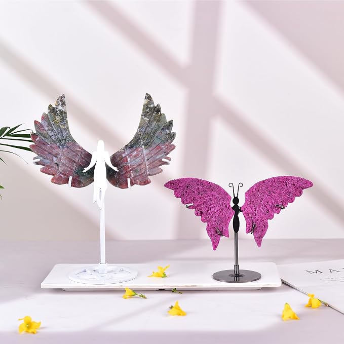JIC Gem Red Corundum Quartz Crystals Butterfly Art Decorative Natural Rough Rocks Healing Crystal Carved Angel Wings with Display Decor Reiki Gifts (1pair, 10cm)