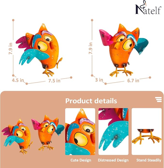 Natelf Bird Garden Decor Outdoor Statues Yard Art Set of 2 | Metal Figurines, Wacky Funny Design, Gifts for Grandma Mom Women