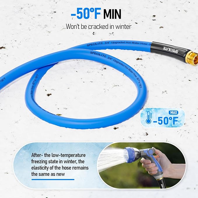 SPECILITE Retractable Hose Reel with 3/4'' Hot/Cold Garden Water Pipe 65ft, -50℉ -190℉, Heavy Duty Metal Wall Mount Spool, with 6ft Lead Hoses, Nozzle, 3/4'' Brass Fittings for Garage, Yard, Blue