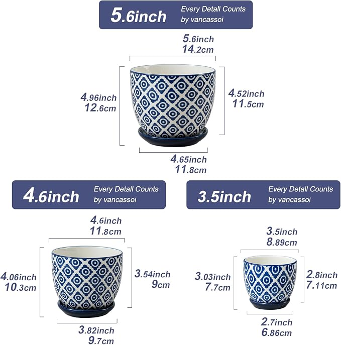 Ceramic Pots for Indoor Plants - 3.5"+4.6"+5.6" Flower Pots with Drainage Holes and Saucers - Succulents Plant Pots for Orchid, Cactus, Pothos, Herbs, Home Office, Set of 3, Vintage Blue, Dot