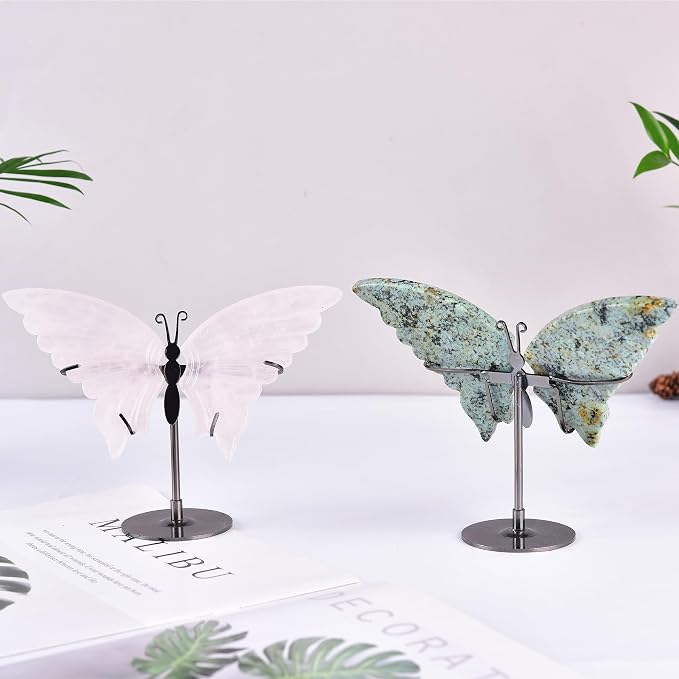 JIC Gem Natural Green Howlite Turquoise Quartz Crystal Butterfly Healing Gemstone Art Wings Carving Craft Ornament with Display Stand Decoration Reiki Chakra Balance (1pair, 10cm)