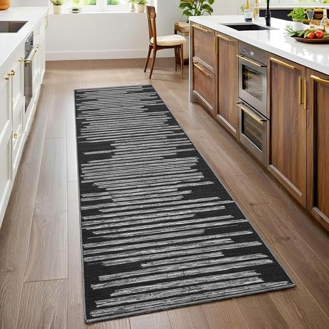 GarveeHome 2x6 Black Runner Rug for Hallway Striped Non Slip Kitchen Rug | Non-Slip Washable Low Pile Carpet for Bedroom Entryway Stain Resistant Foldable Soft Enreyway Rugs