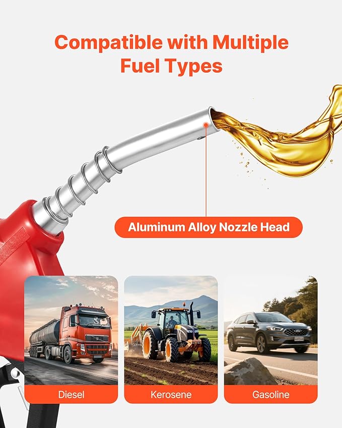 VEVOR 3/4" NPT Automatic Fuel Nozzle with 20Ft hose, Max Rate 11.8 GPM, Auto Shut Off Diesel Gas Pump Nozzle with 3-Speed Trigger Lock & 13/16" (OD=20 mm) Spout for Gasoline, Diesel, Kerosene, Red