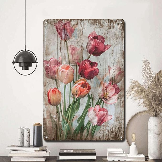 Metal Sign Tin Sign Vintage Wall Art Vintage Tulips Tin Sign for Rustic Wall Art Shabby Chic Interiors and Corrosion Resistant Aluminu Funny Sign for Club 12×16 Inches