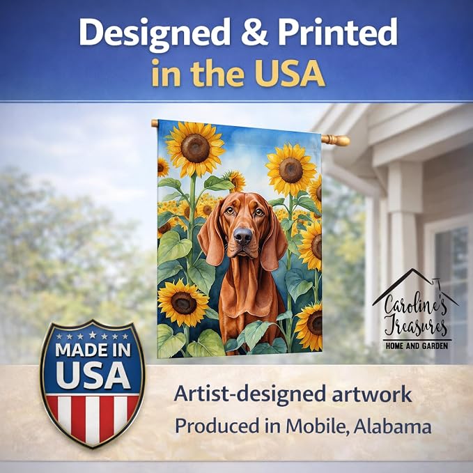 Caroline's Treasures DAC6148CHF Redbone Coonhound in Sunflowers House Flag Large Porch Sleeve Pole Decorative Outside Yard Banner Artwork Wall Hanging, Polyester, House Size, Multicolor