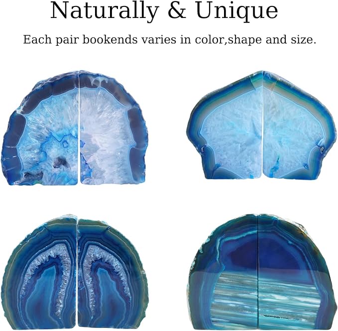 Natural Teal Dyed Agate Geode Bookends - 2 to 3 lb Heavy Duty Rock Crystal Stone Book Ends for Shelves, with Rubber Bumpers, Decorative Book Holders for Home Office