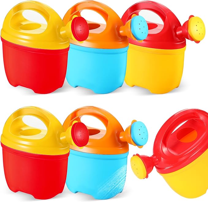 Lenwen 6 Packs Plastic Watering Can for Kids Garden Equipment Toy Watering Pail for Girls and Boys Plant Watering Can Bath Garden Toys Gardening Beach Tools (3 Colors)