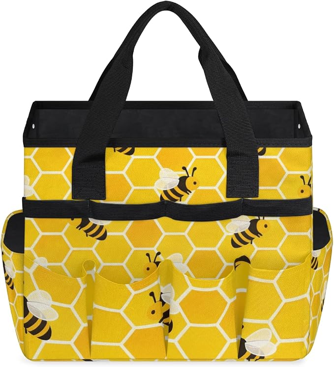 Garden Tote Bag with Pockets Honey Bees Gardening Bags for Tools Organizer Heavy Duty Storage Bag with Handle for Lawn Yard Casual