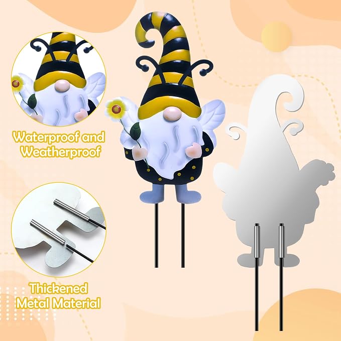 Cinnvoice 3 Pcs Bee Metal Gnomes Stakes 25.4'' Decorative Garden Stakes Spring Yard Gnome Decor with Honeycomb for Lawn Patio Yard Outside