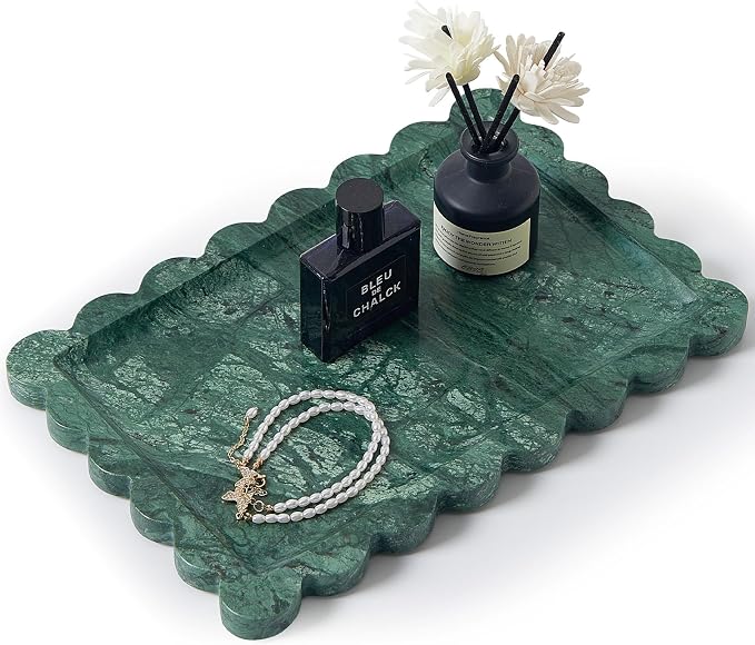 Real Natural Scalloped Marble Tray for Bathroom, Vanity, Kitchen and Desktop, Decorative Stone Tray for Jewelry, Cosmetics, Candles, Lotion, Perfume and Home Décor (Dark Green, 12" x 8")