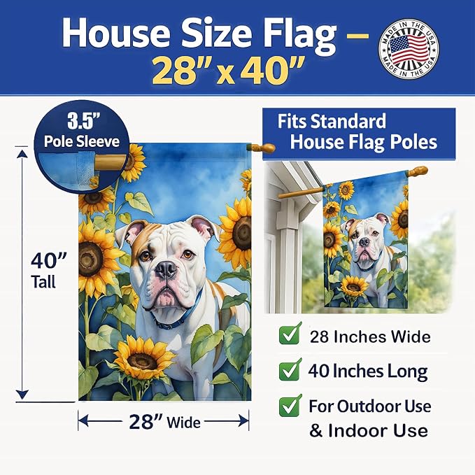 Caroline's Treasures DAC6006CHF American Bulldog in Sunflowers House Flag Large Porch Sleeve Pole Decorative Outside Yard Banner Artwork Wall Hanging, Polyester, House Size, Multicolor