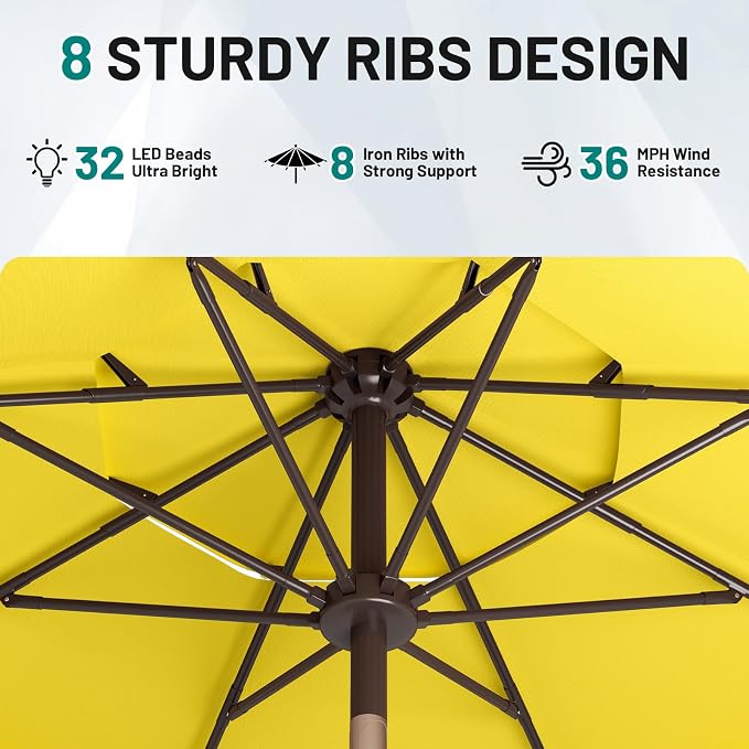 AreShark 9ft 3 Tiers Patio Umbrella with Solar Lights, Outdoor Umbrella w/ 32 LED Lights&8 Sturdy Ribs, Table Umbrella for Deck, Backyard, Pool (Yellow)