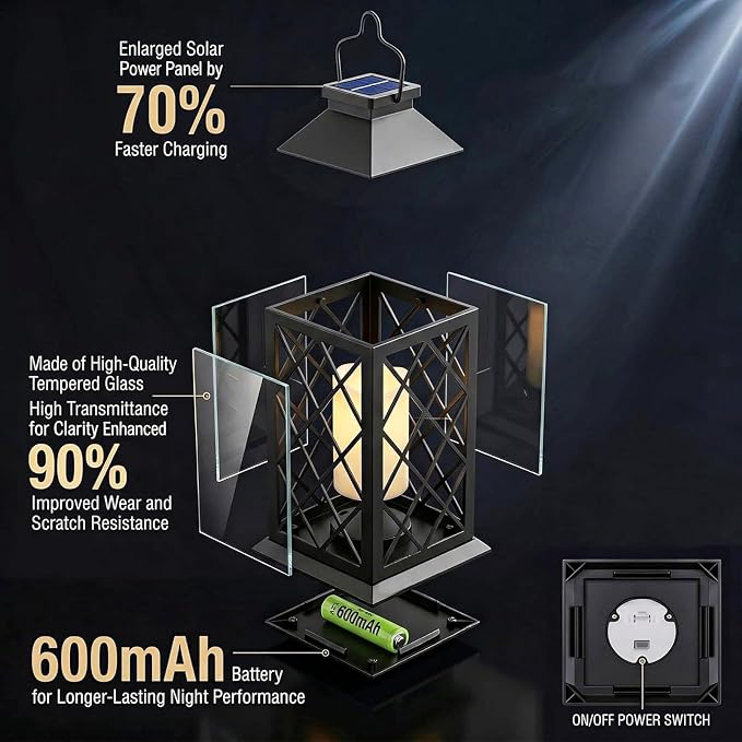 Yowin Solar Lanterns Outdoor Waterproof 2 Pack 14" Large Tempered Glass Hanging Solar Lantern with Flameless Candle, Garden Gifts, Wall Lamp for Backyard Porch Patio Lawn Vintage Decorations - Black