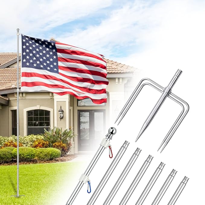 ZMTECH 7 FT Flag Pole in Ground, Heavy Duty Flag Pole Holder for Outside House with 5 Pronges Base, Extra Thick Flag Pole Kit for Yard Outdoor Garden Decor Residential Commerical Silver