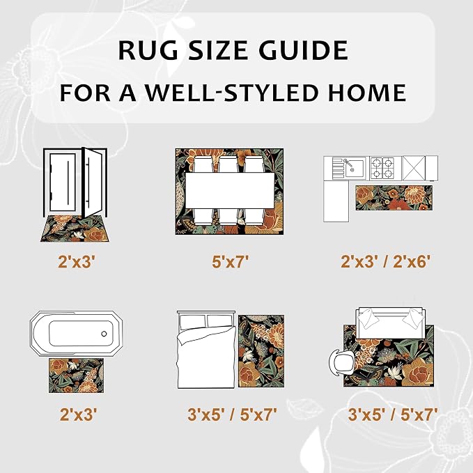 Tyrot Vintage Black Boho Floral 2x6 Washable Kitchen & Hallway Runner Rug Ultra-Thin Flat Woven Low Pile Botanical Runner Rug Non-Slip Indoor Butterfly Runner for Entryway, Laundry, Bathroom Bedroom