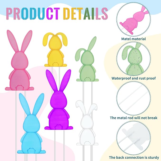 Pickmesh 6 Pcs 14'' H Easter Outdoor Decorations Easter Yard Sign Metal Bunny Yard Stake Multicolored Rabbits Barn Garden Stake for Planter Pot Spring Walkway Pathway Lawn Decor