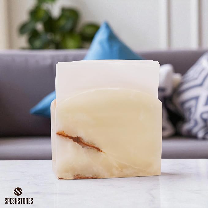 Marble Napkin Holder for Table 6.5 Inch Cream Onyx Stone Organizer for Cocktail Napkins & Tissue Paper – Decorative Napkin Holder for Bathroom, Kitchen Counter, Coffee Bar & Dining Table