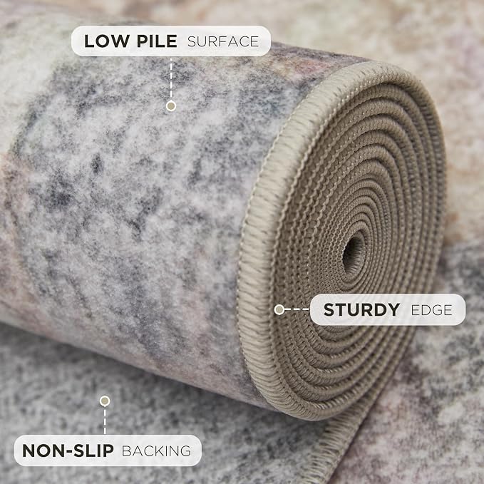 Joydeco 2x6 Runner Rug Modern Abstract Machine Washable Rug – Low Pile Faux Wool with Non-Slip Backing, Neutral Print Carpet Runner for Hallway, Kitchen, Entryway, Laundry and Bedroom, Beige&Blue&Pink