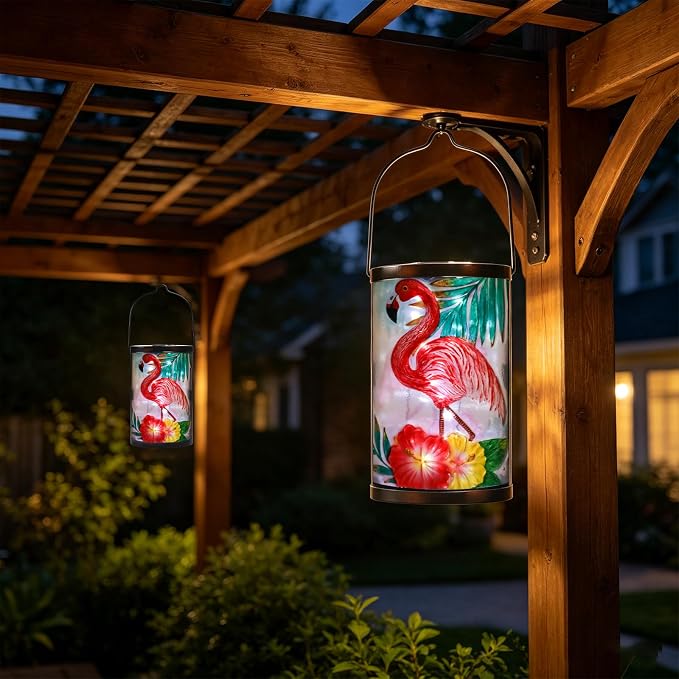 Hanging Solar Lantern Outdoor Waterproof Flamingo Solar Lights Glass Tabletop Decorative Lamp for Outdoor Patio Garden Outside Yard Decor