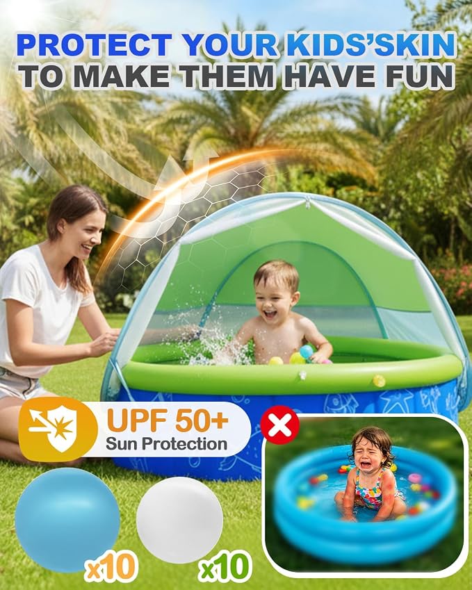 2026 Updated Foldable Kiddie Pool with Canopy and 20 Ocean Balls: 47in for Baby Toddler Kids- Summer Water Play Pool with Sprinkler and Shade - Portable for Outdoor Backyard Beach