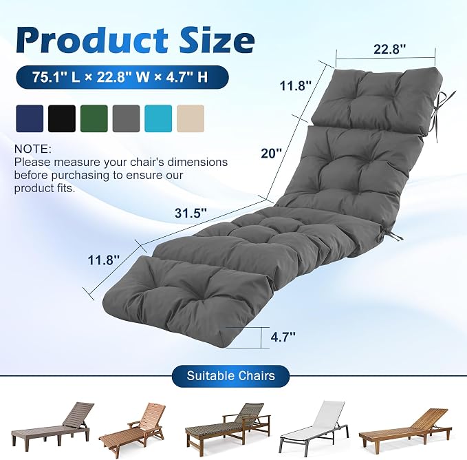 2 Pcs Chaise Lounge Cushions Outdoor,Waterproof & Fade Resistant Patio Lounge Chair Cushions for Outdoor Furniture, Chaise Cushion with Ties for Pool, Lawn and Beach, 75.1x22.8x4.7 Inch, Dark Grey