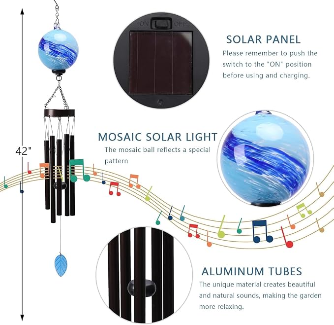 MUMTOP Solar Wind Chime for Outsides, 35" Glass Windchimes with Solar LED Lights Decorative Hanging Wind Bell for Porch Patio and Garden Decor, Blue