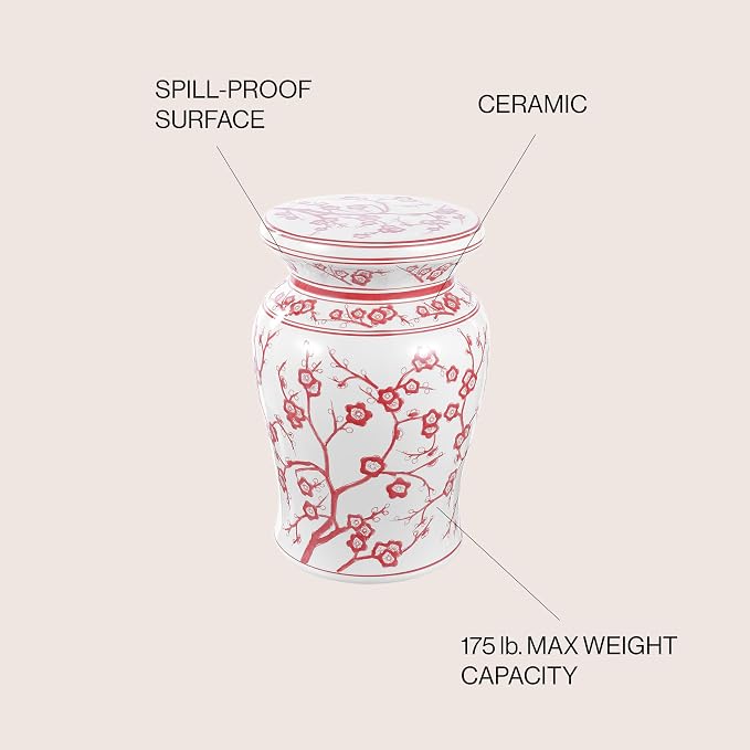JONATHAN Y Cherry Blossom 18" Ceramic Chinoiserie Garden Stool, Traditional Floral Accent Side Table and Plant Stand for Indoor/Outdoor Garden, Patio, Living Room, Red/White TBL1016B