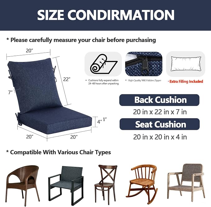 Goodgoods 20 x 42 Outdoor Patio Chair Cushion 2-Pack, 1000+Hours Fade-Resistant & Water-Resistant Furniture Chair Cushions with 35D High-Resilience Foam for Dining Chairs, Couch, Sofa, Indigo