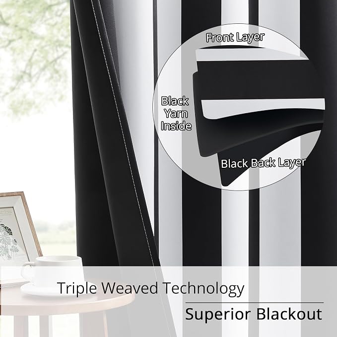 Black and White Vertical Stripe Blackout Curtains, Modern Minimalist Striped Drapes, 100% Light Blocking, Thermal Insulated & Noise Reducing Curtains, Grommet Top 52 x 108 Inches, 2 Panels