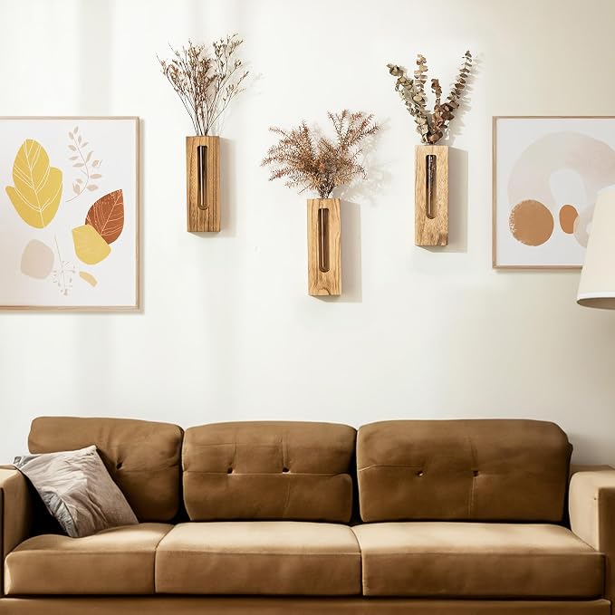 Wood Wall Vase Decor: Rustic Wooden Decor for Farmhouse Bathroom Kitchen Hallway - Hanging Plant Propagation Stations for Indoor Plants Dried Flowers Eucalyptus