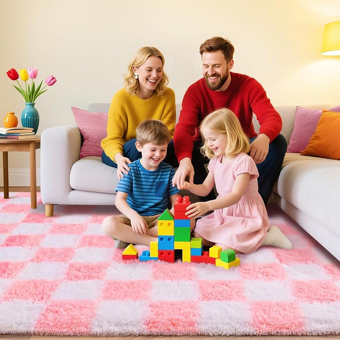 Checkered Rug for Living Room 6x9, Ultra Fluffy Fuzzy Shag Large Area Rug for Bedroom, Modern Plush Soft Upgrade Non-Slip Carpet for Kids and Girls Room Dorm Home Decor, Pink and White