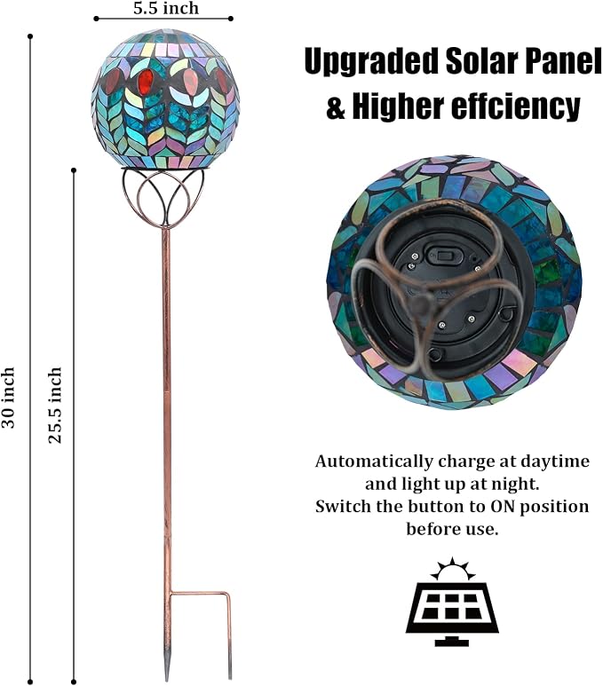 VCUTEKA Decorative Solar Garden Lights, 6" Mosaic Globe Outdoor Stake | Mosaic Glass Design with Solar Light, Weather Resistant, Auto On/Off and Metal Stake Design For Lawn and Patio, Red & Blue