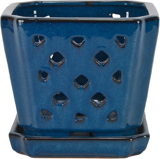 W&W Ceramic Orchid Pot with Holes and Saucer for Repotting, Blue, 7"