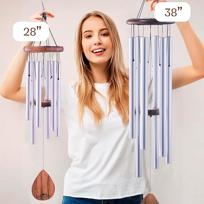 Silver Wind Chimes for Outside Deep Tone, 28 Inch Havasu Hand Tuned E Major Wind Chime, Adjustable Clapper, Aluminum Beech Wood Garden Patio Porch Decor, Memorial Housewarming Gift