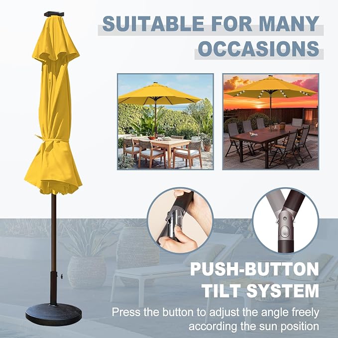 EliteShade USA 10-Year-Non-Fading 10ft Market Patio Umbrella, Commercial Grade Table Sun Umbrella with 80 Solar LED Lights, Crank Open, Windproof & UPF 50+ UV Protection for Garden, Deck, Pool, Backyard, Sunflower Yellow