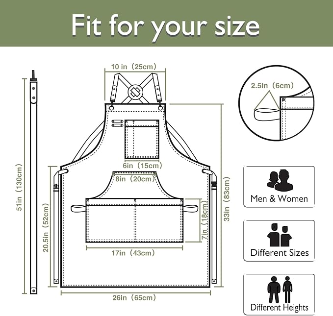 10 Pack Kitchen Apron, Work Apron, Canvas Apron, Olive | Multiple Pockets, Gardening, Painting, BBQ, Artist, Carpenter, Sizes M to XXL