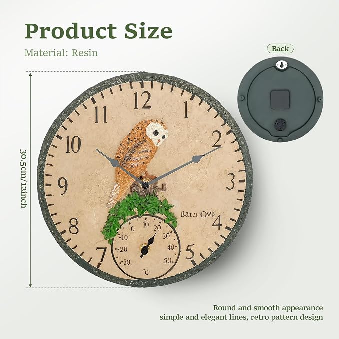 Outdoor Clock with Thermometer, Poly Resin Indoor and Outdoor Clock, Hanging Wall Clock, 12 Inch Retro Waterproof Wall Clocks for Patio, Pool, and Indoor Areas (Owl)
